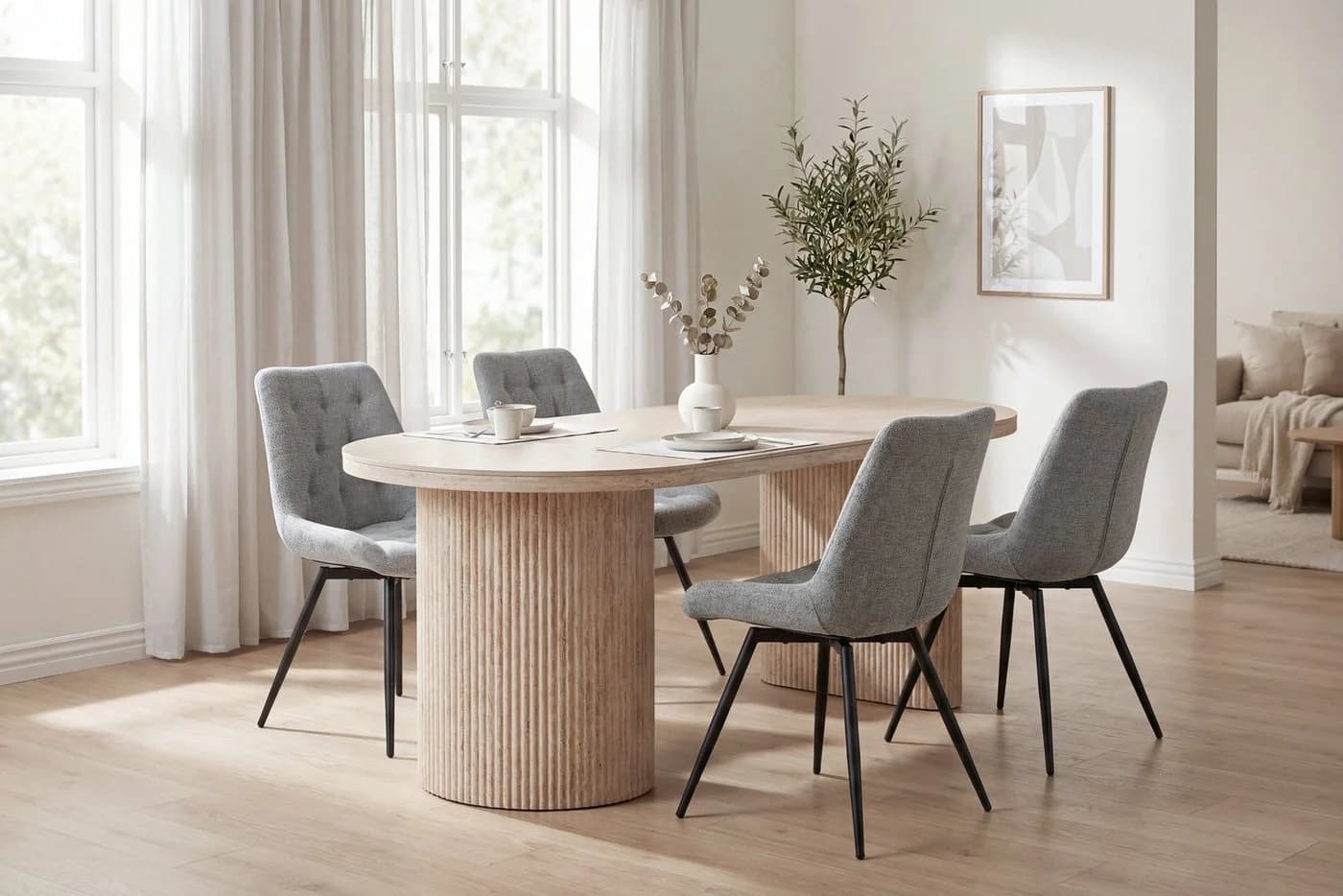 byLIVING Esstisch KAVALA Oval Keramikoptik Travertine Modernes Säulengestell