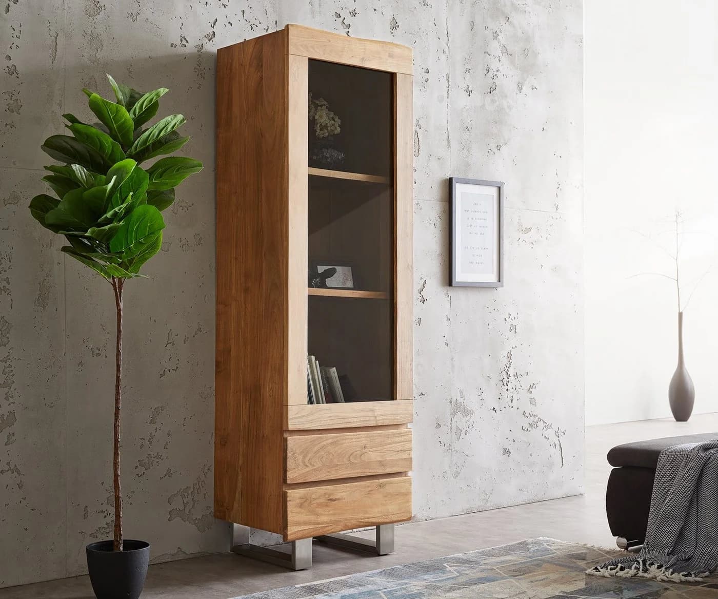 DELIFE Vitrine Live-Edge Akazie Natur 1 Tür 2 Schubladen Massivholz