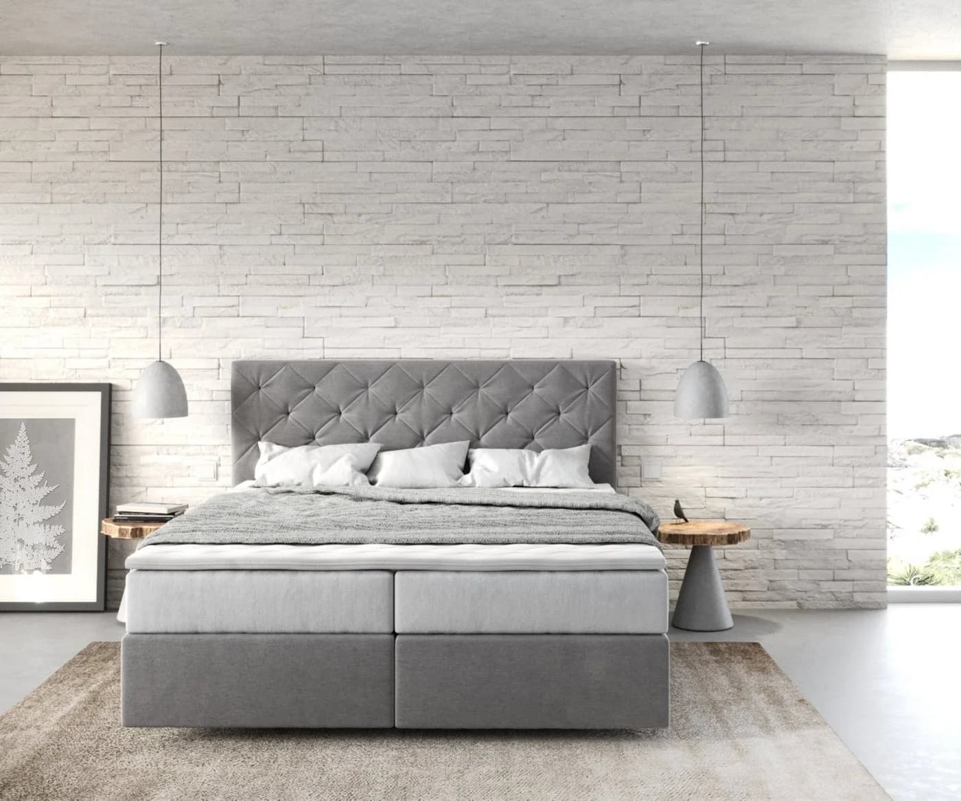 DELIFE Boxspringbett Dream-Great Grau mit TFK Matratze und Visco Topper