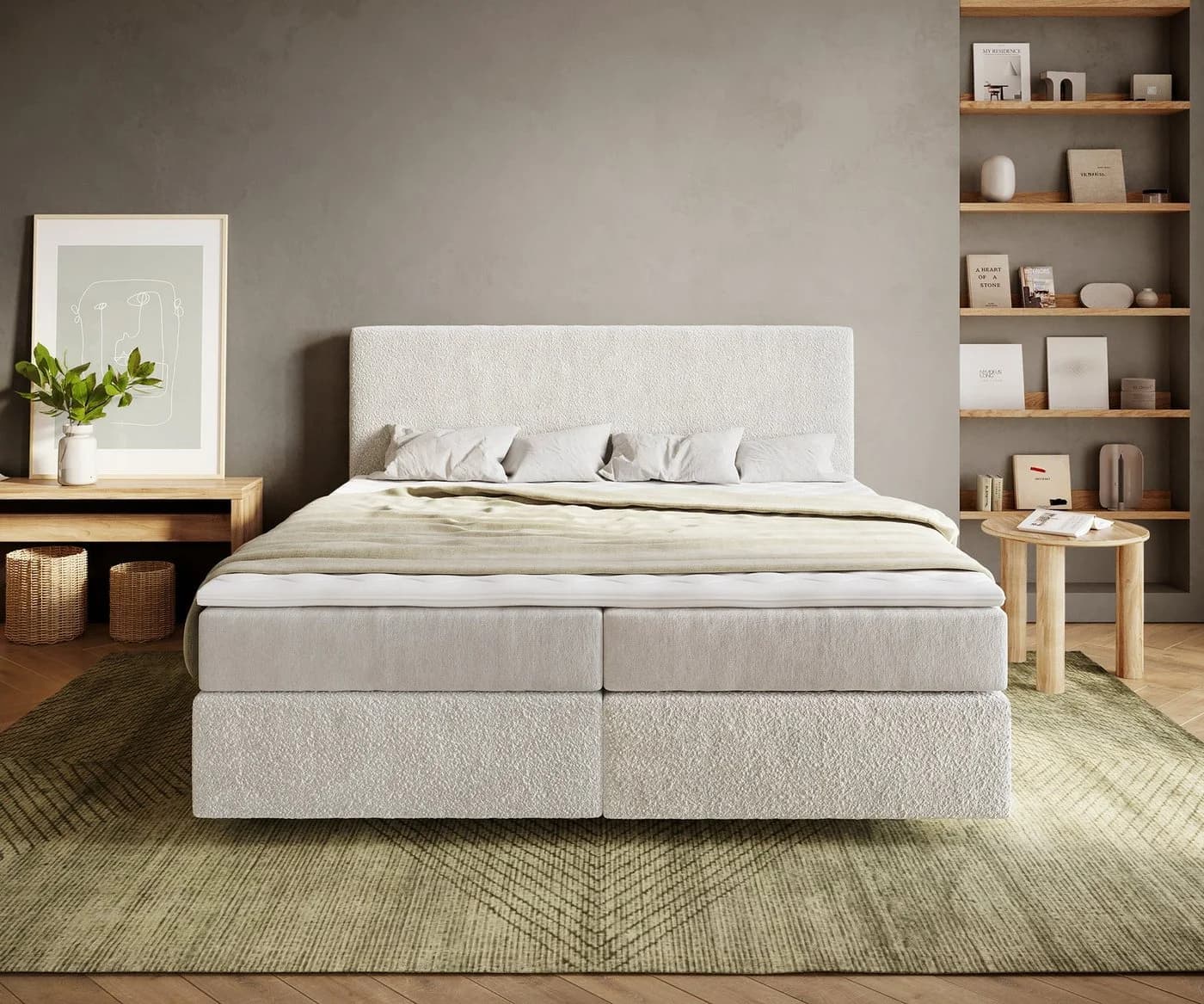 DELIFE Boxspringbett Dream-Well Creme-Weiß mit Matratze & Topper