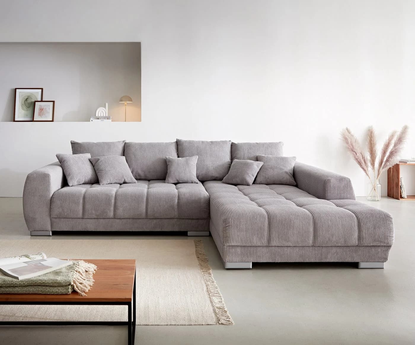 DELIFE Ecksofa Josea Cord Silbergrau mit Ottomane rechts
