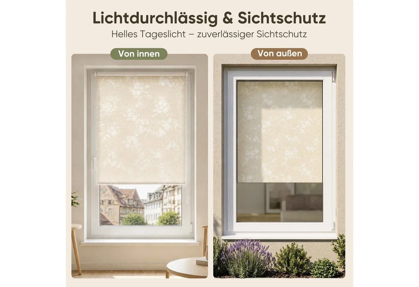Sekey Seitenzugrollo ohne Bohren blickdicht Blume beige