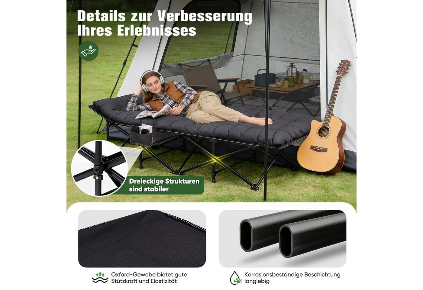 Sekey Klappbett 202x80 cm mit Matratze, Schwarz, 600D Oxford-Gewebe