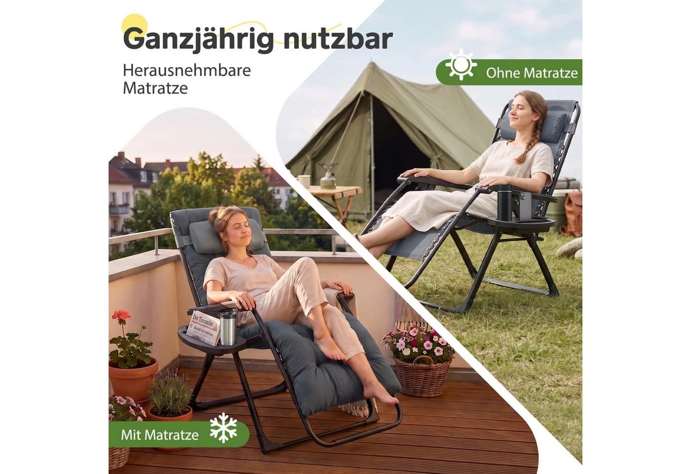 Sekey Gartenliege Klappbar Gepolstert Grau mit Auflage und Ablagetisch
