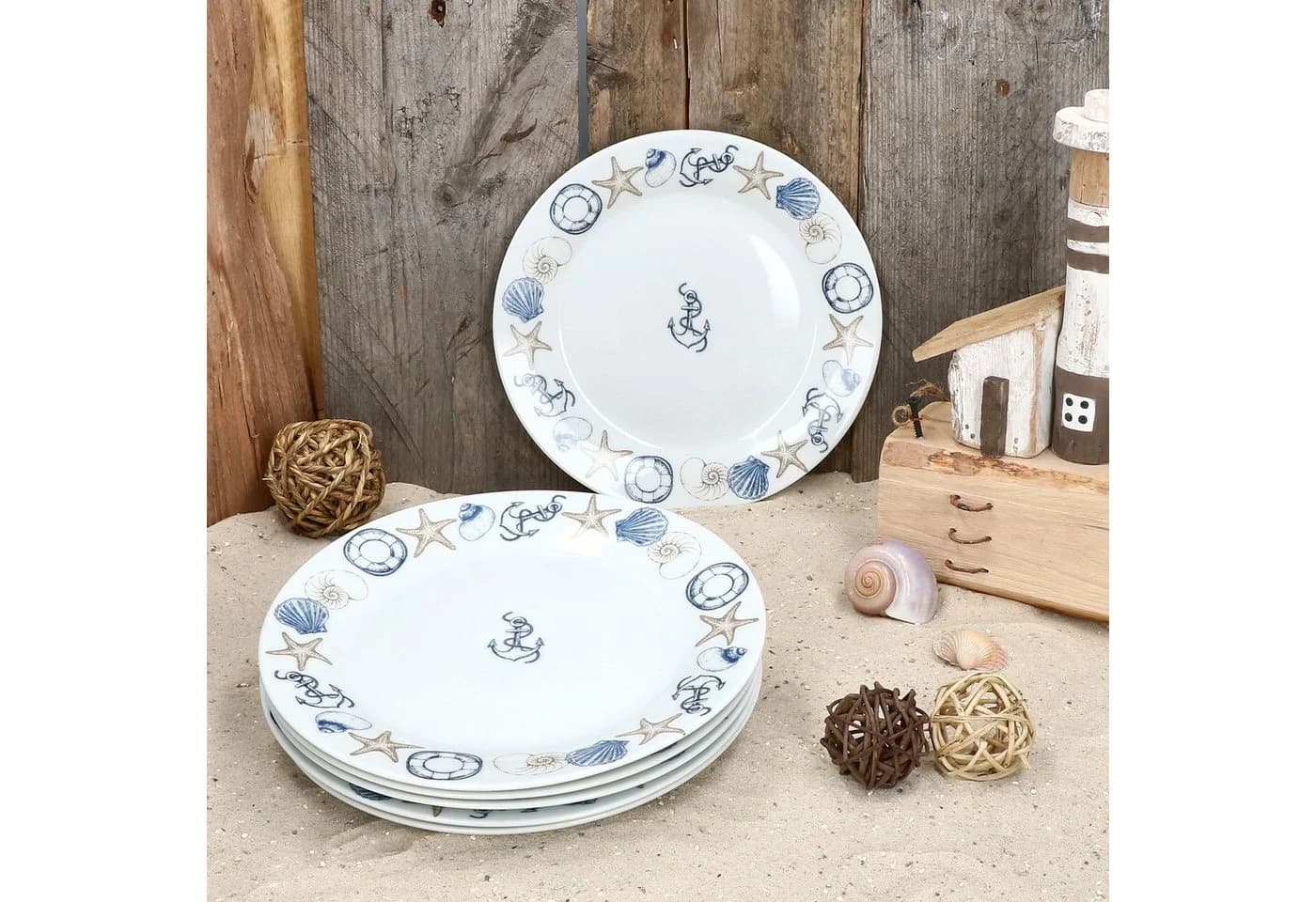 MamboCat Frühstücksteller Neptun 6er Set Weiß/Blau Porzellan Maritim