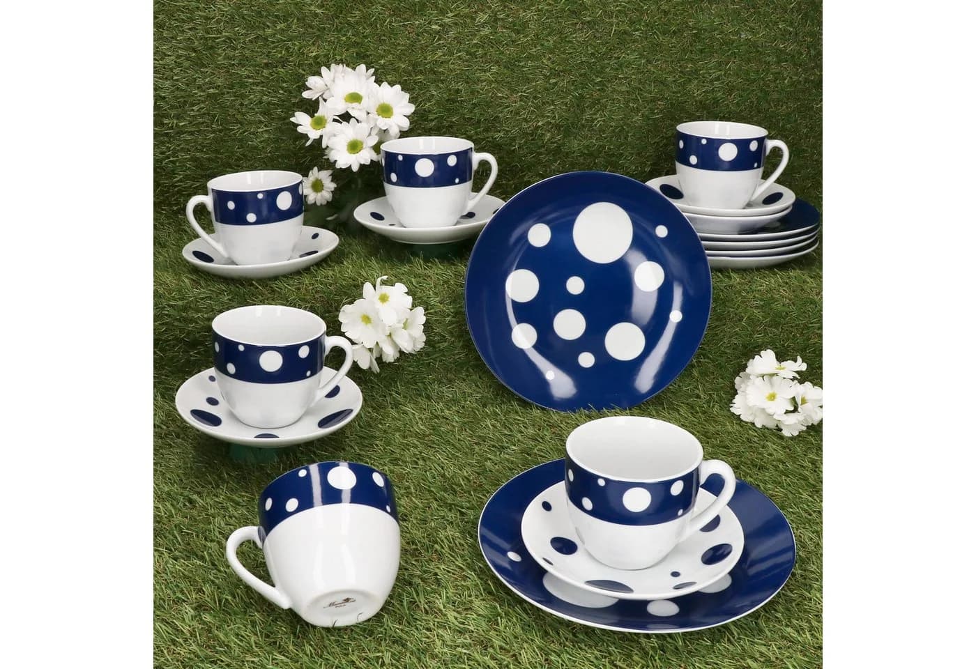 MamboCat Kaffeeservice 18tlg Pula blau Porzellan 6 Pers. Tassen Teller Punkte