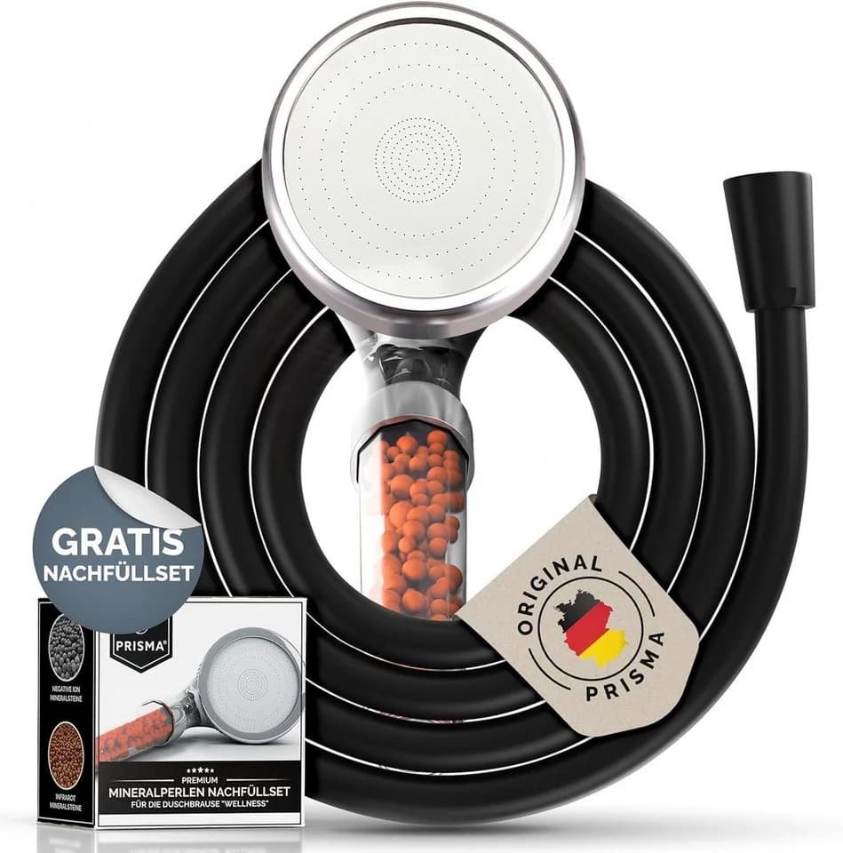 PRISMA Handbrause Wassersparender Filter Duschkopf mit Schlauch • MADE IN GERMANY, Wassersparend, 3 Strahlearten, Filterdusche