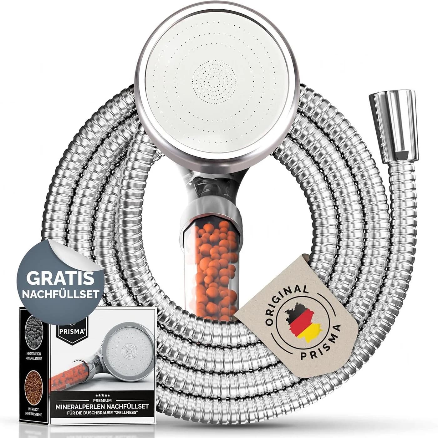 PRISMA Handbrause Wassersparender Filter Duschkopf mit Schlauch Silber