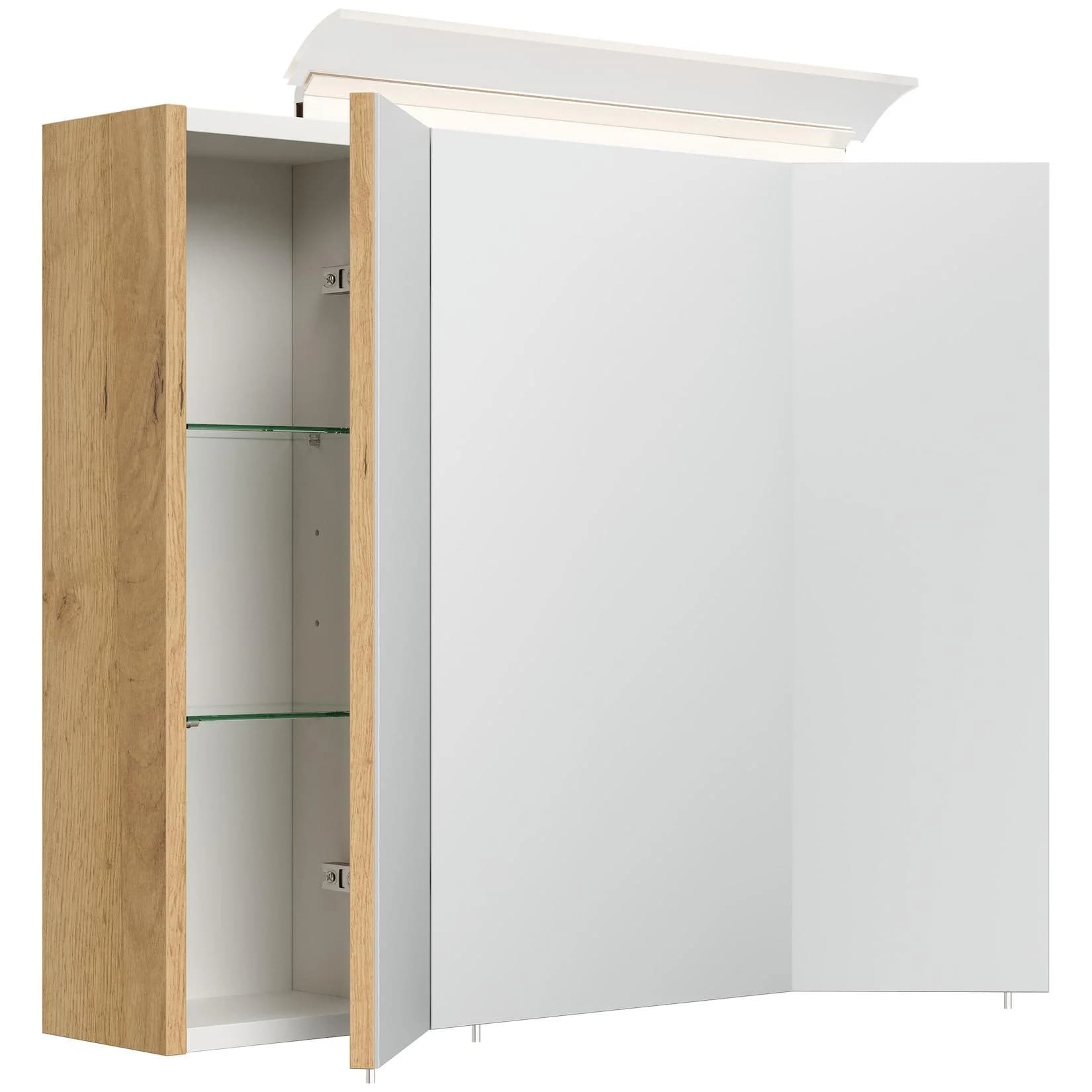 Posseik Spiegelschrank 75cm inkl. Design LED-Lampe und Glasböden weiss hochglanz