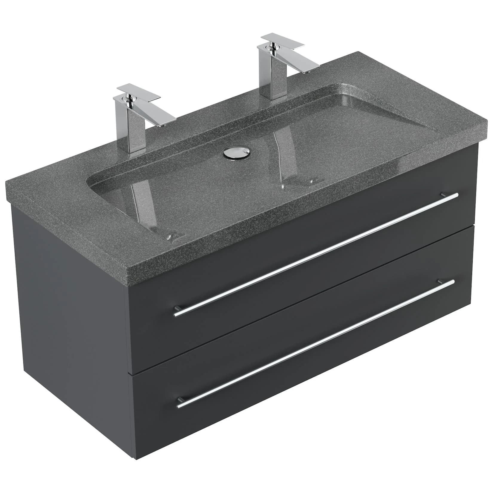 Posseik Badmöbel Granit G654 YAMO 100 cm 2 Hahnlöcher SoftClose weiß hochglanz