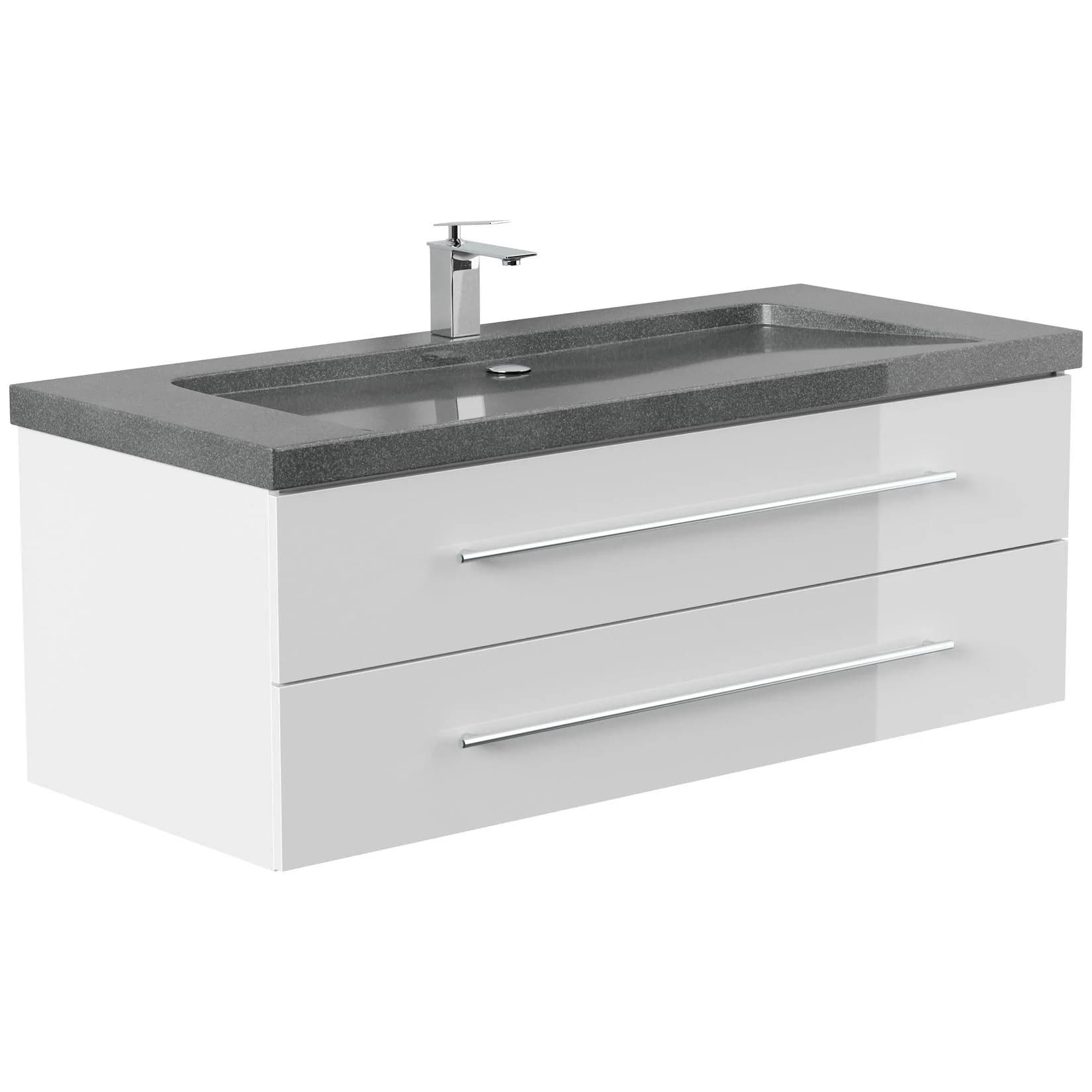 Badmöbel Granit G654 YAMO 130 cm 1 Hahnloch SoftClose Weiß Hochglanz