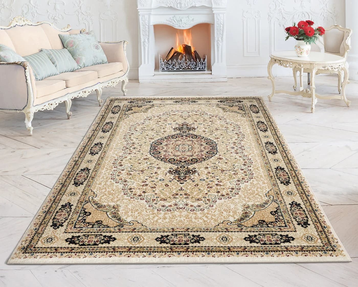 Carpetilla Asfahan Orientalischer Designerteppich Knochenfarbe Kurzflor