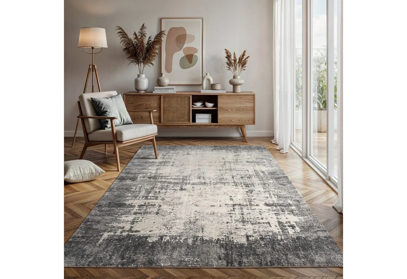Carpetilla Designer Teppich Hochflor Wohnzimmer Abstrakt Grau-Cream
