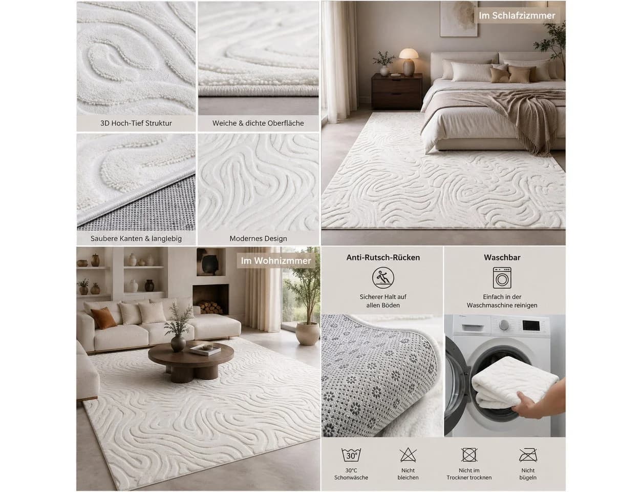 Carpetilla Teppich Rechteckig Creme 3D-Struktur