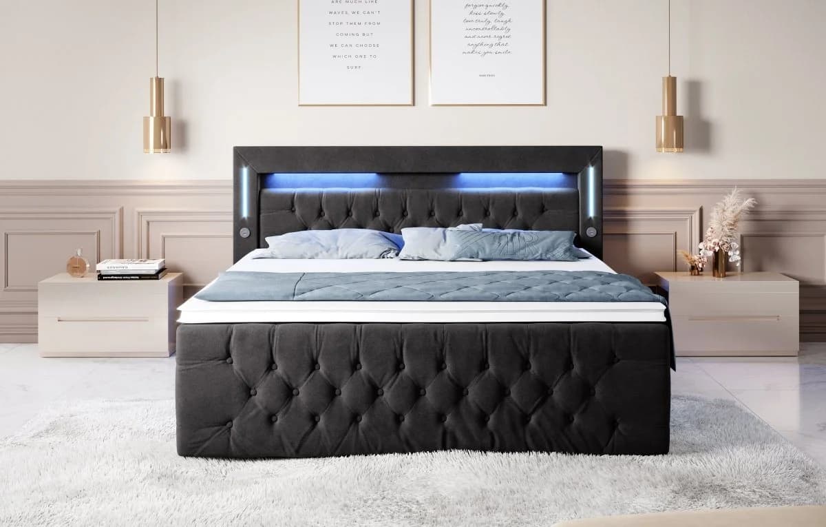 Luxusbetten24 Boxspringbett Moonlight Schwarz mit LED, USB & Stauraum