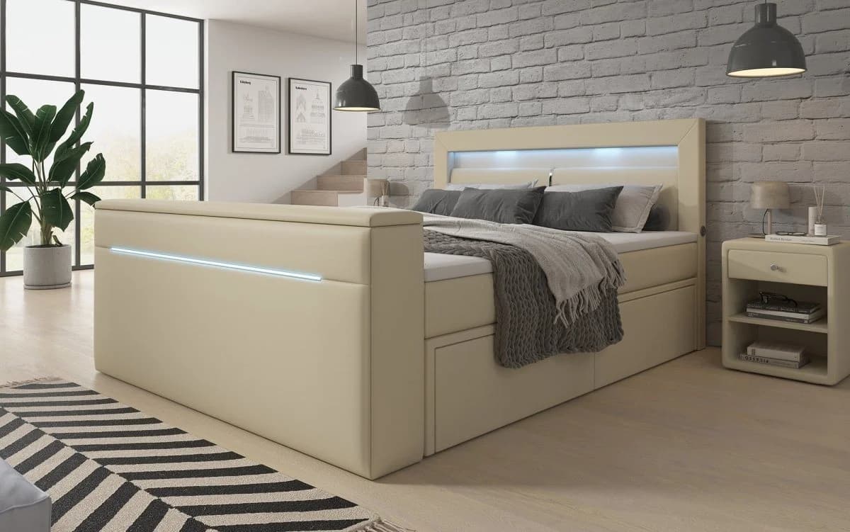 Luxusbetten24 Boxspringbett Rinori Beige mit TV Lift und Stauraum
