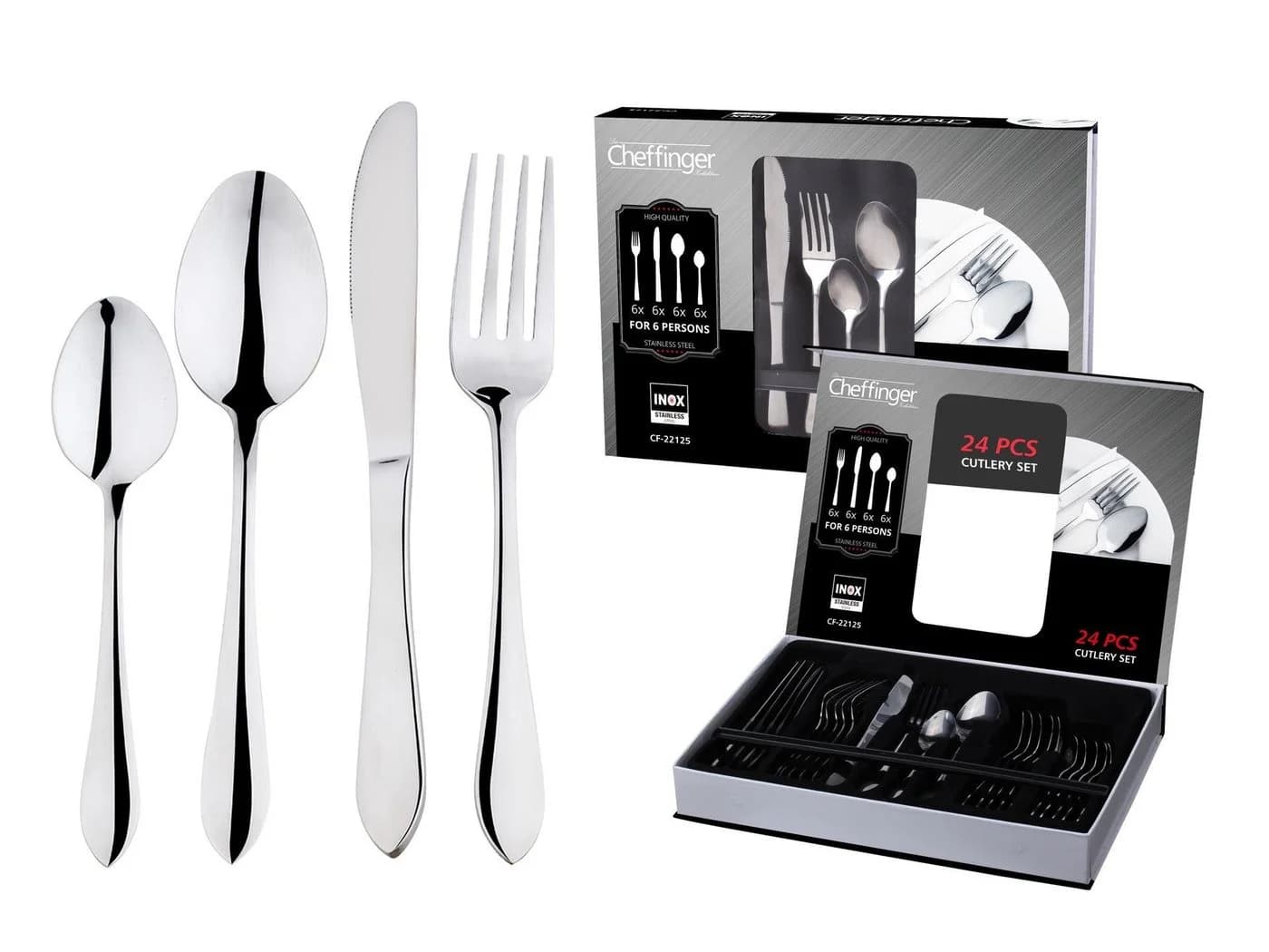 Cheffinger Besteck-Set 24-tlg. für 6 Personen 18/10 Edelstahl Silber