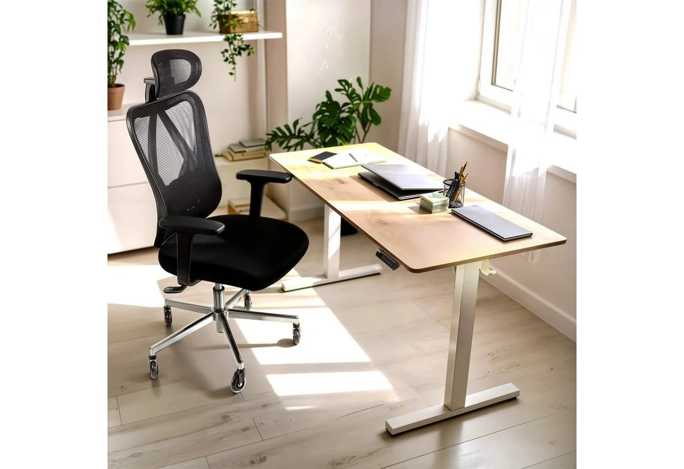 Arebos Bürostuhl Ergonomisch Schwarz mit Wippfunktion & 3D-Kopfstütze
