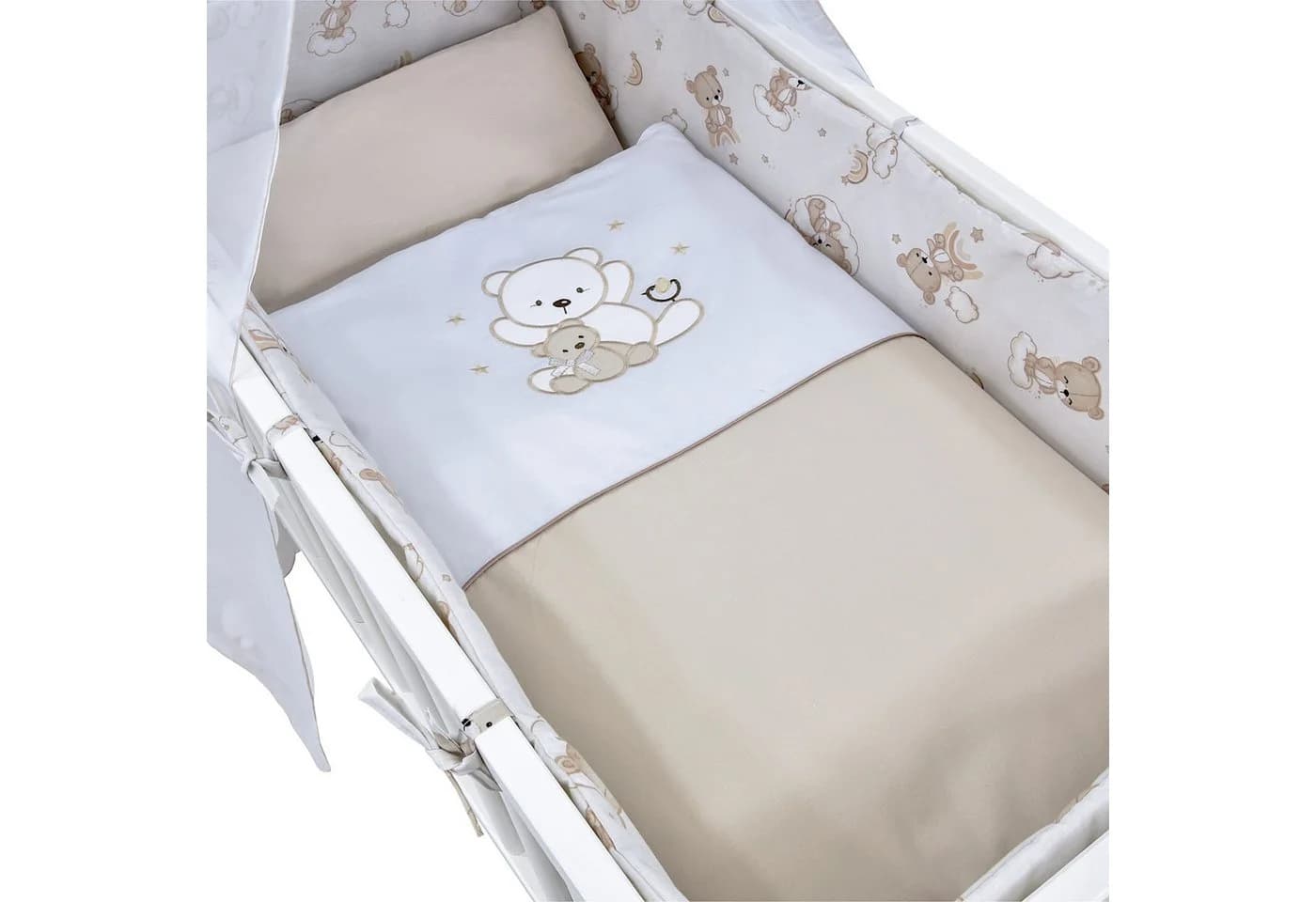 Baby-Delux Wiegenset 6-tlg. Bärchen Beige mit Chiffonhimmel