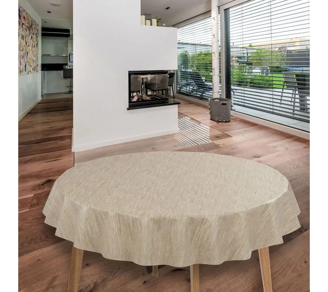 Laro Tischdecke Wachstuch Leinenoptik Beige Creme Rund 140cm