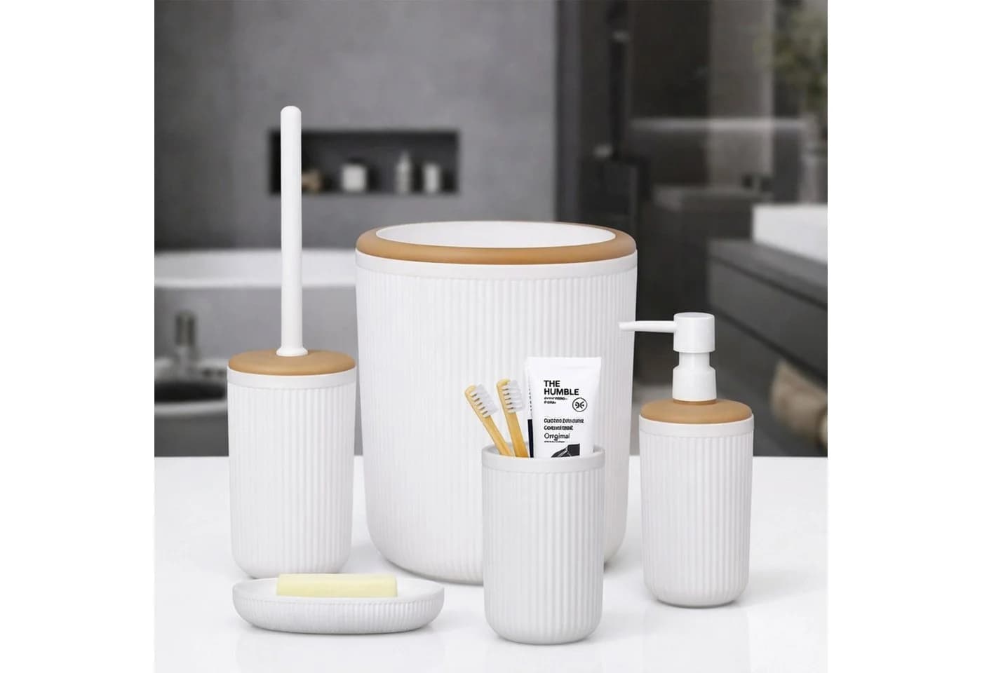 Jungengel Badezimmer-Set Mina Due 5-tlg. Schwarz/Weiß mit Holzoptik