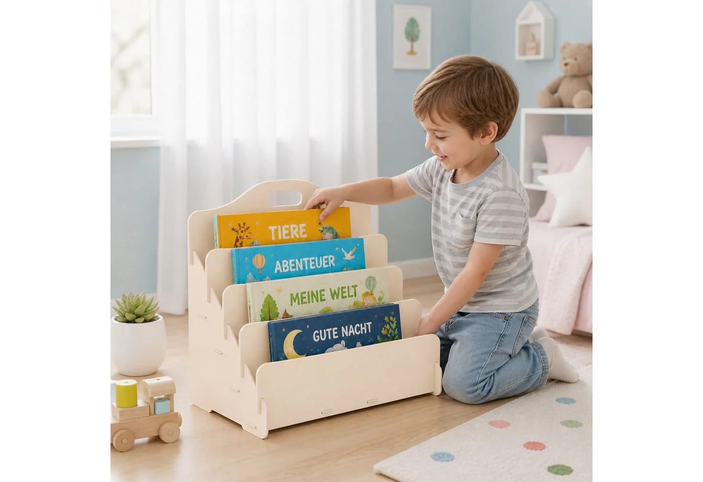 Jungengel Kinder-Bücherregal Montessori Bücherständer Beige