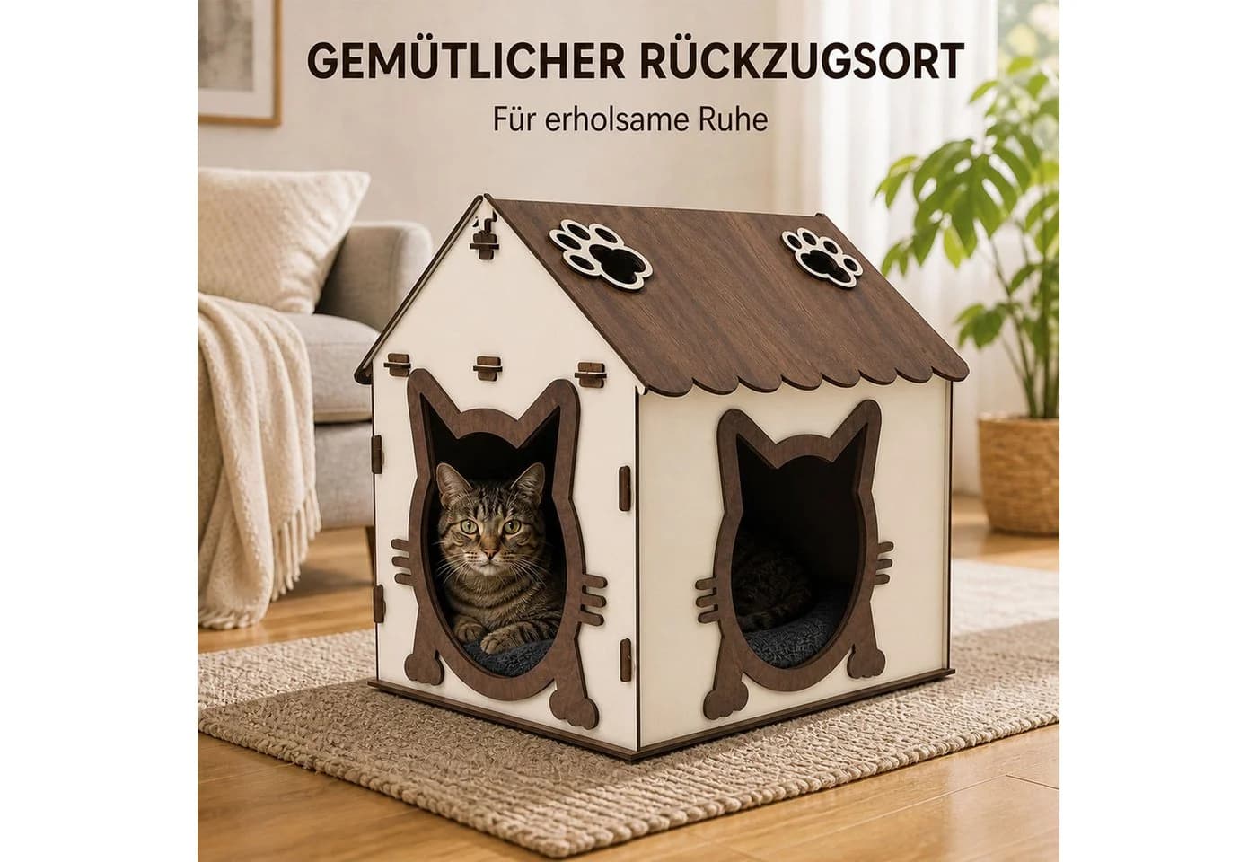Jungengel Katzenhaus Holz Weiß mit Dach-Stauraum