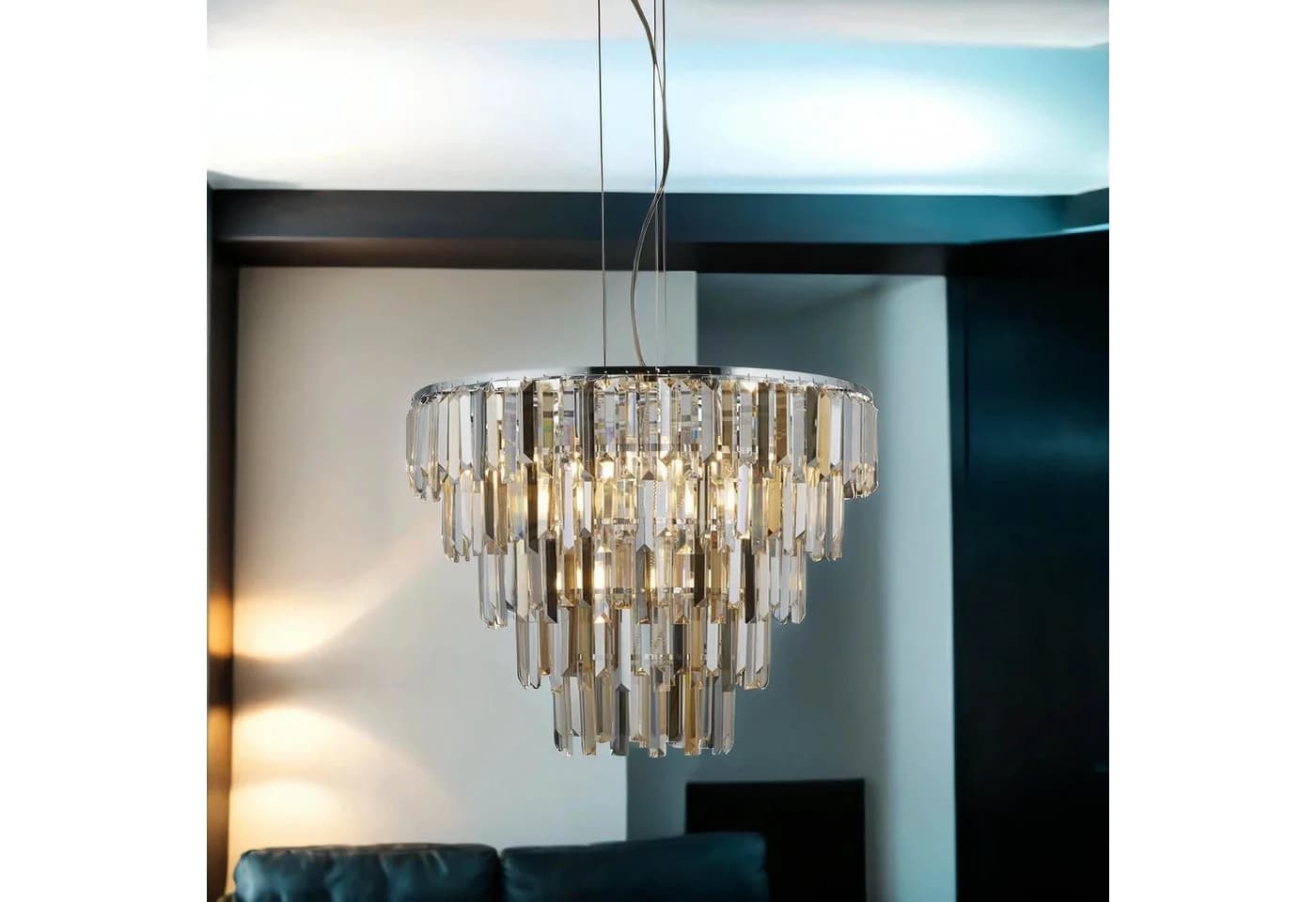 Walker Kronleuchter 9-flammig E14 65cm Chrom Rauchgrau Bernstein