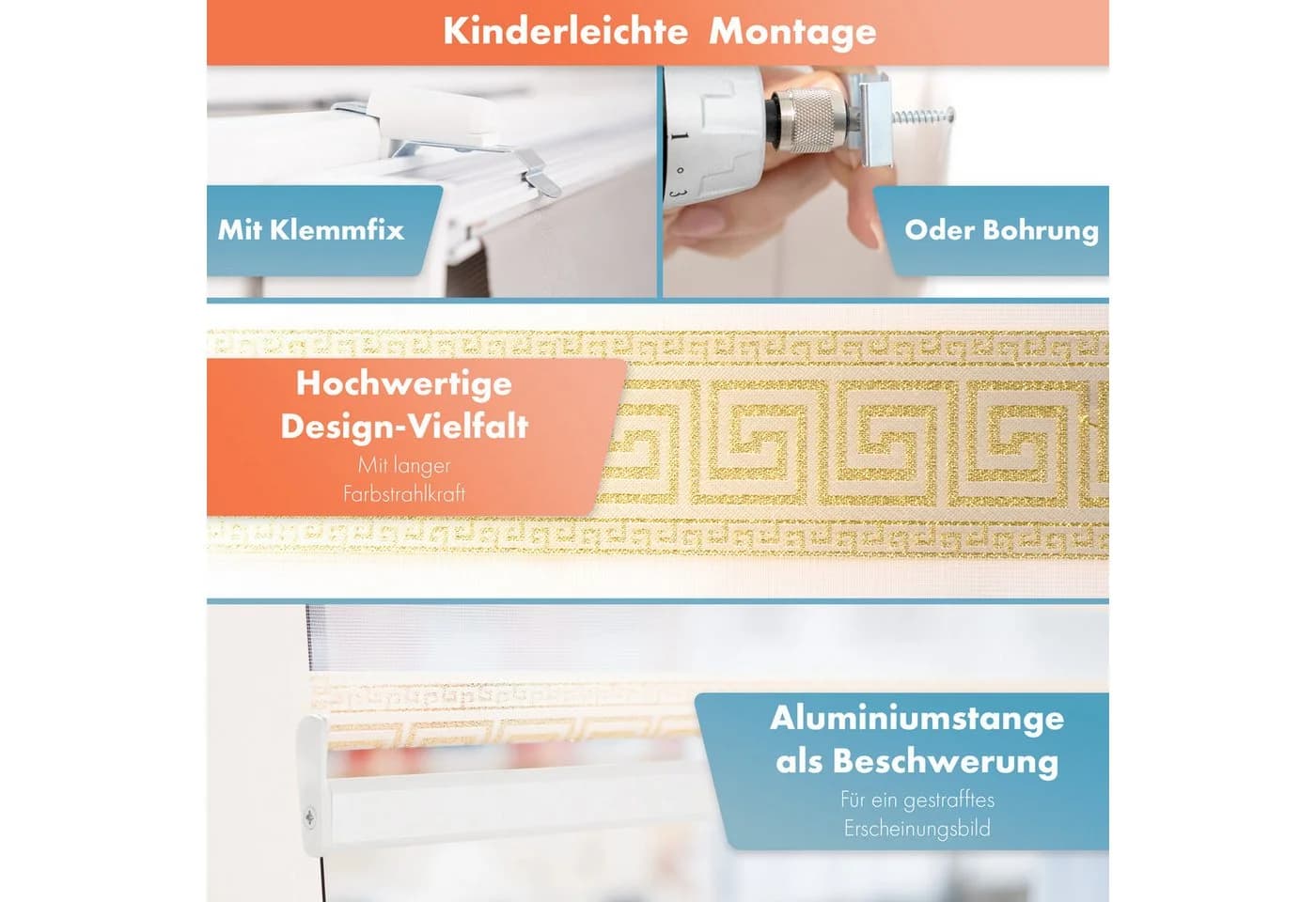 Bailena Doppelrollo mit Perlen Mäander Design Gold Klemmfix