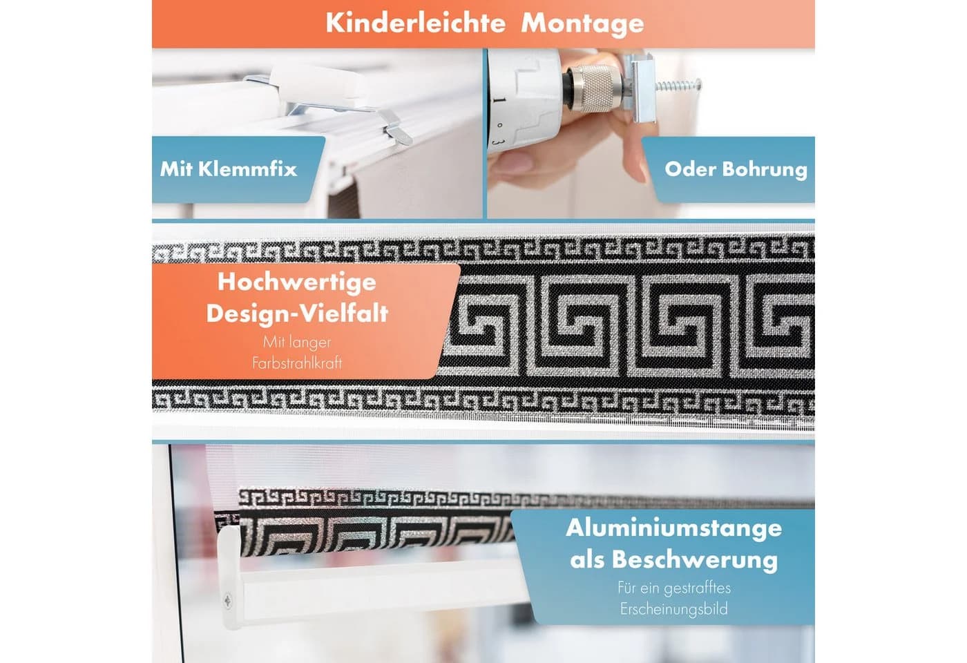 Bailena Doppelrollo mit Perlen Mäander Design Klemmfix Schwarz/Silber