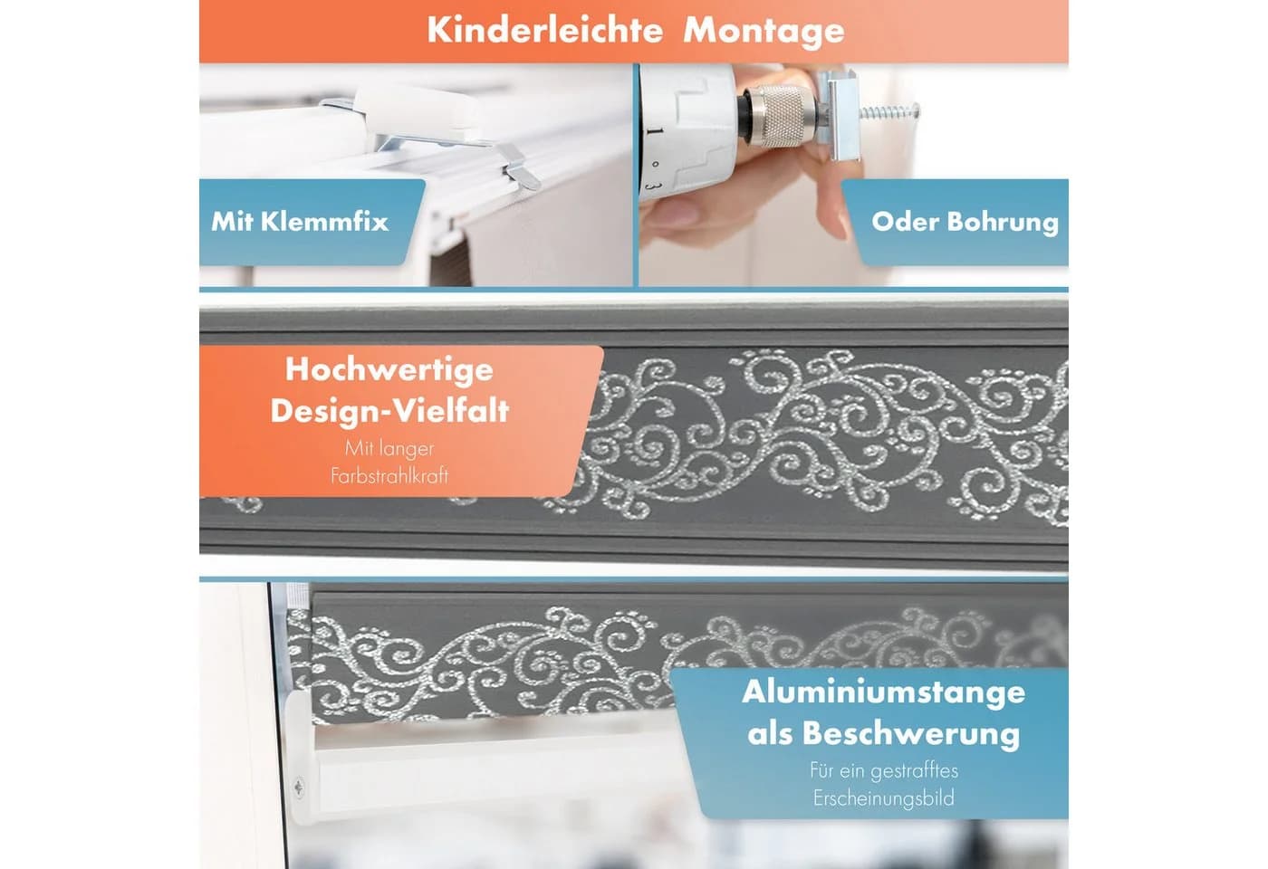 Bailena Doppelrollo ohne Bohren Duo Rollo grau/silber Blumenmotiv