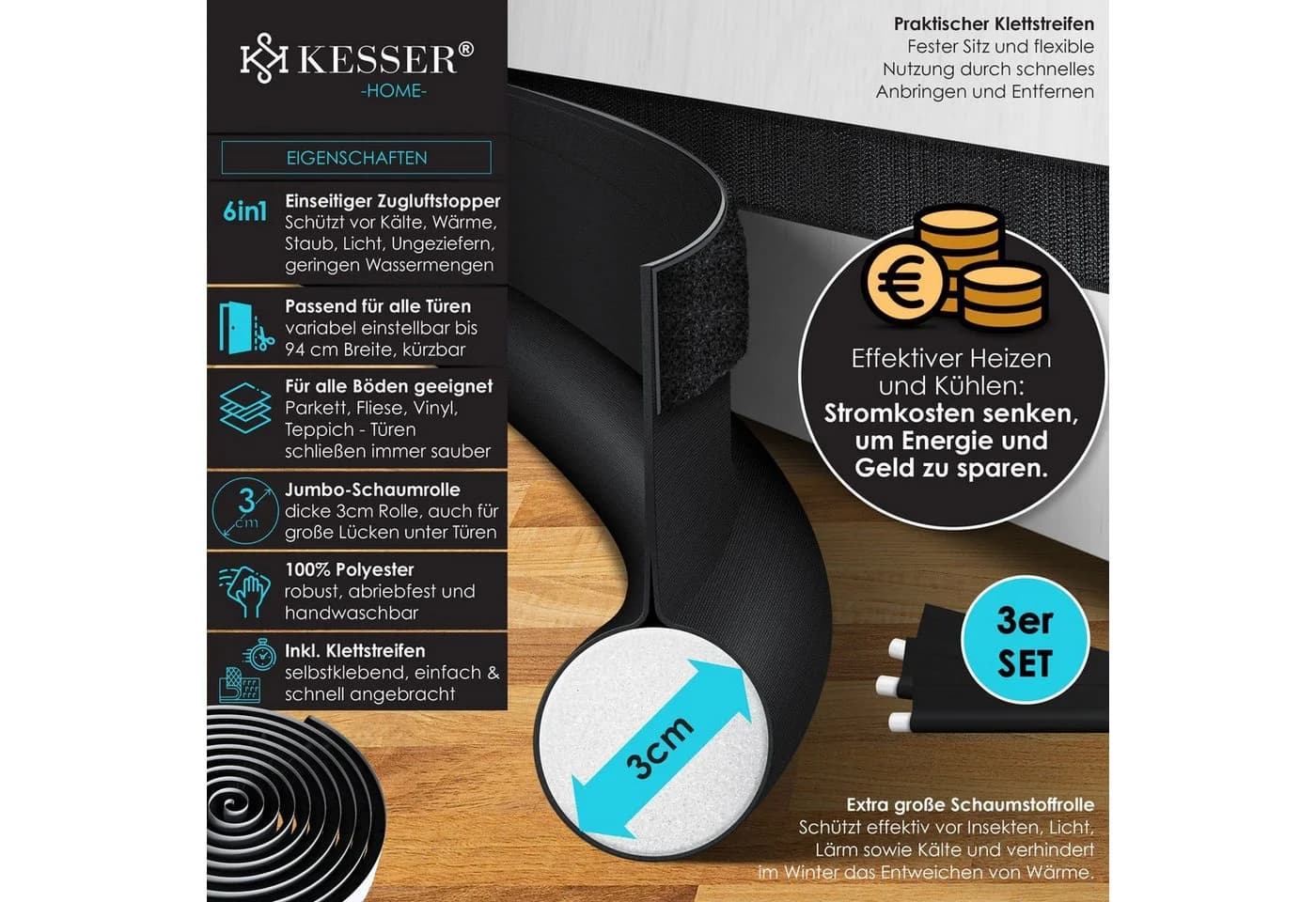 KESSER Türstopper 3er-Set Schwarz Zuschneidbar