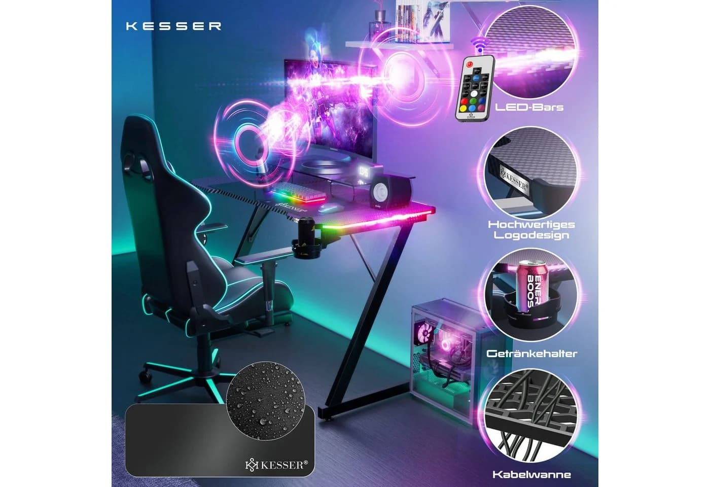 KESSER Gamingtisch mit LED Beleuchtung und Getränkehalter