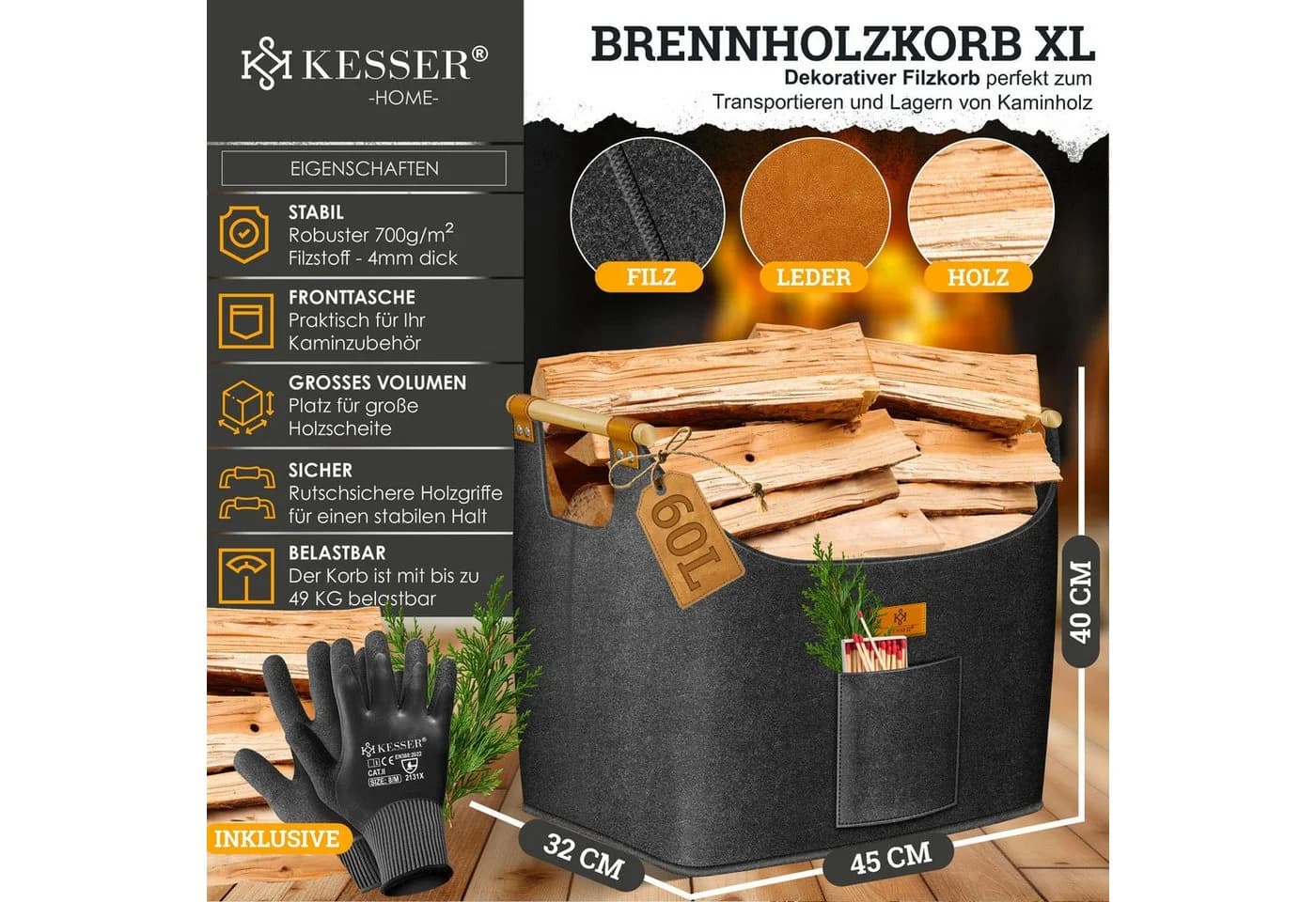 KESSER Brennholzkorb XL Anthrazit Filz mit Holzgriffen