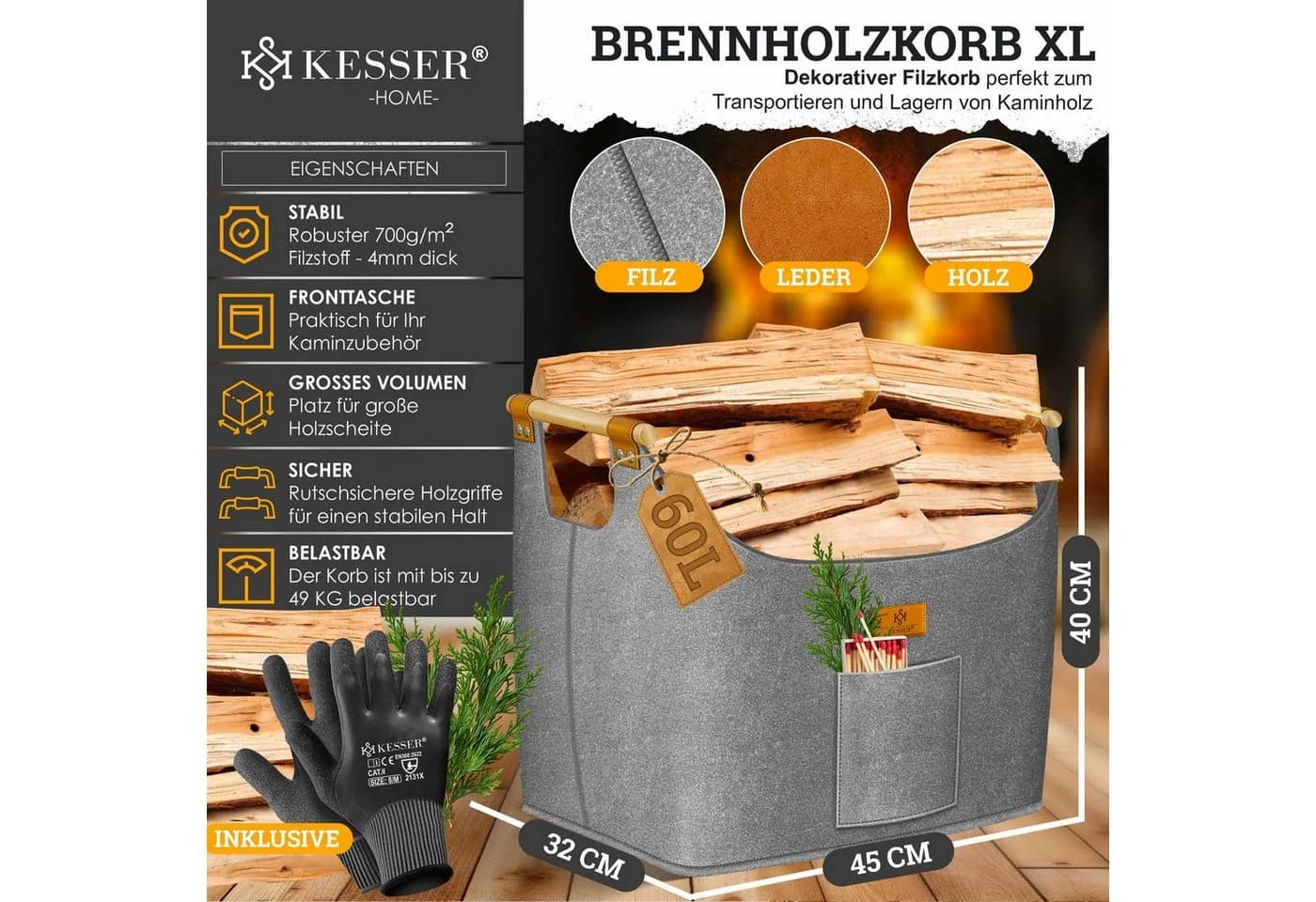 KESSER Brennholzkorb XL Filz mit Holzgriffen & Handschuhen
