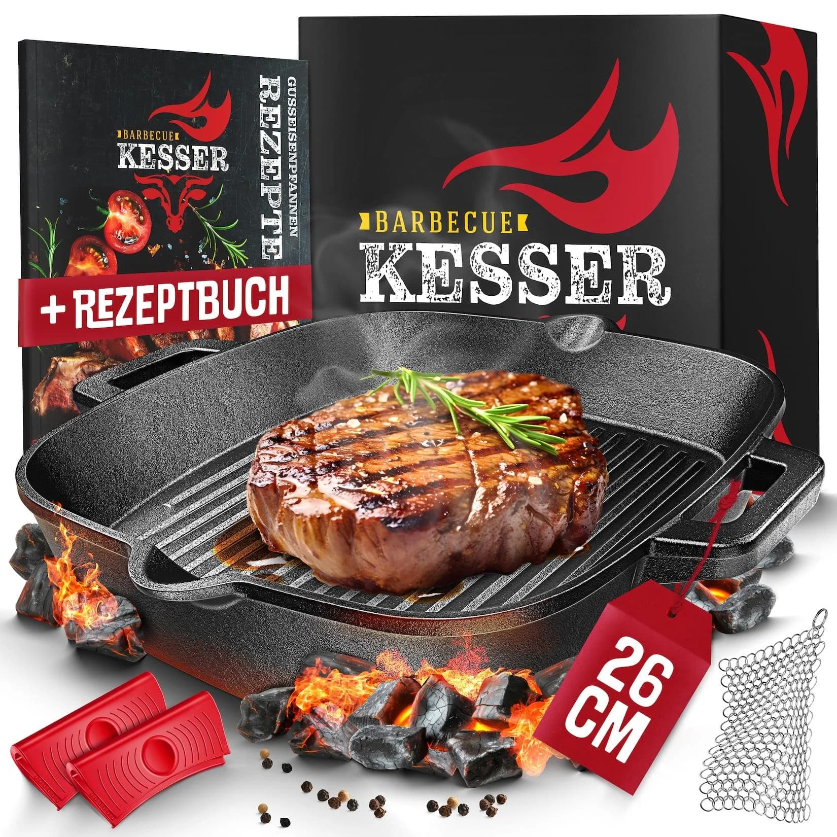 KESSER® Gusseisenpfanne Gusseisen Bratpfanne Induktion Cast Iron Pan für Gasgrill, Backofen, Kohlegrill Steakpfanne voreingebrannt