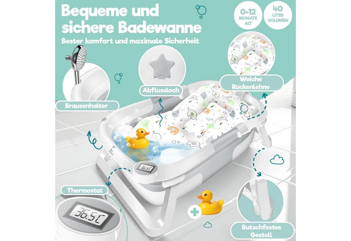 KIDIZ Babybadewanne für Neugeborene Kleinkinder 0-12 Monate