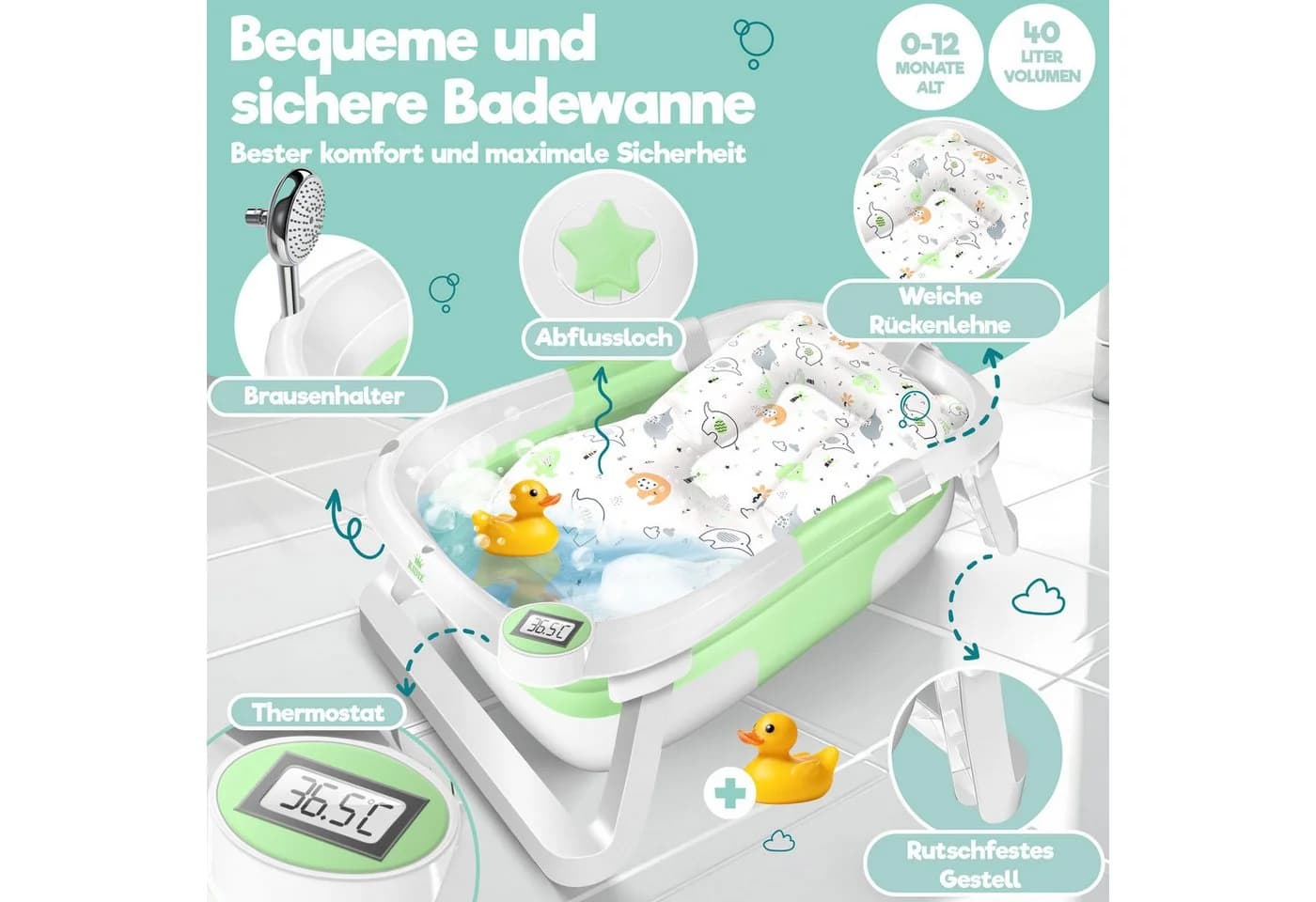 KIDIZ Babybadewanne faltbar mit Thermostat grün