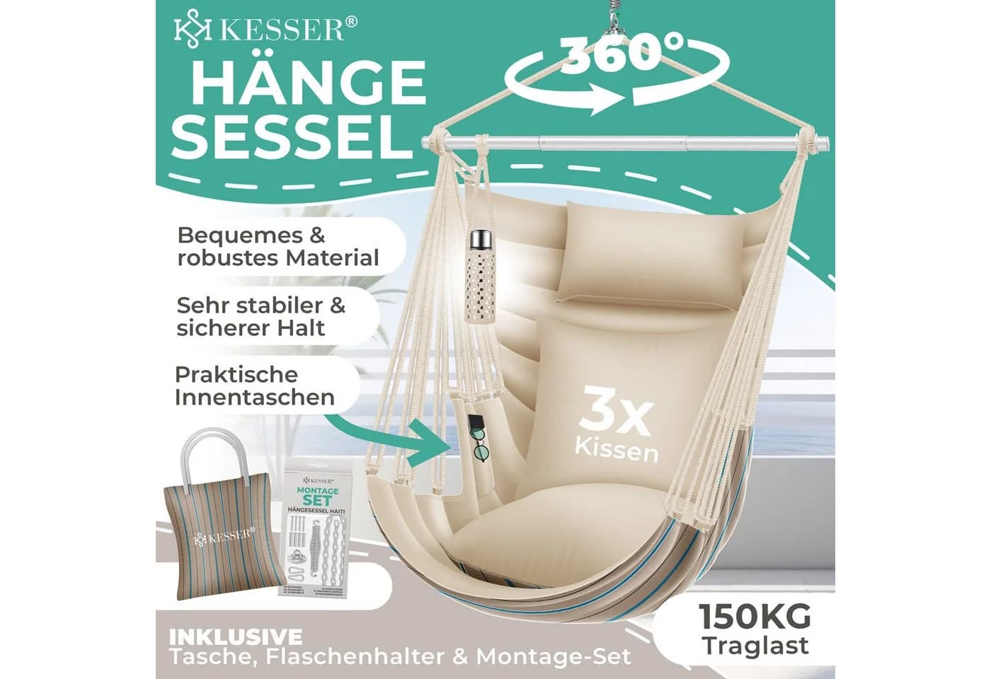 KESSER Hängesessel Haiti 150kg Traglast Beige mit 2 Kissen