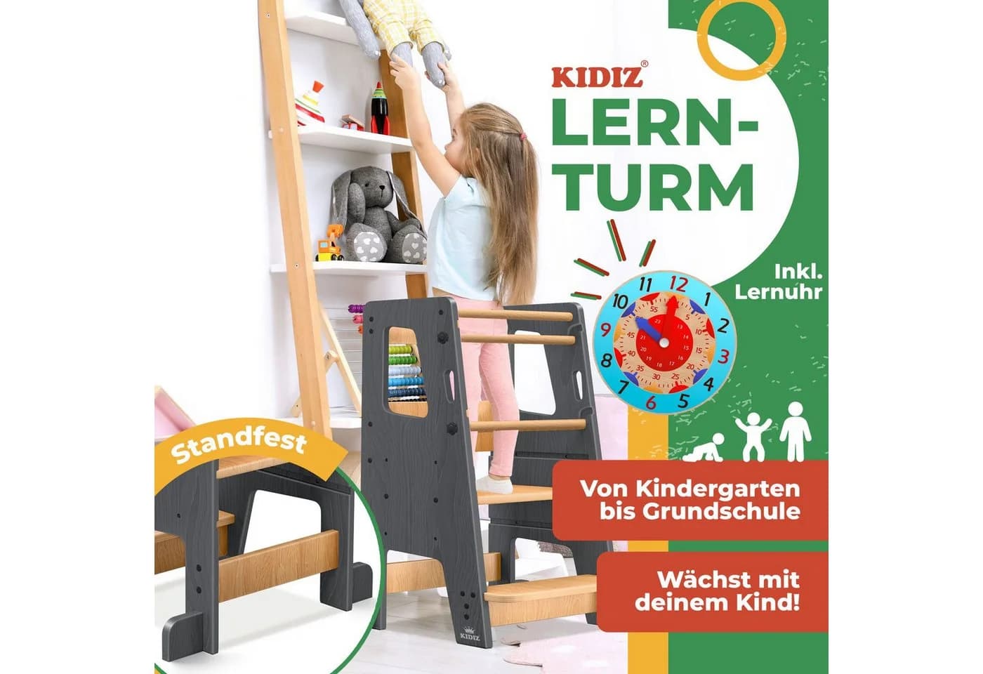 KIDIZ Lernturm Kiefernholz Höhenverstellbar Anthrazit/Braun