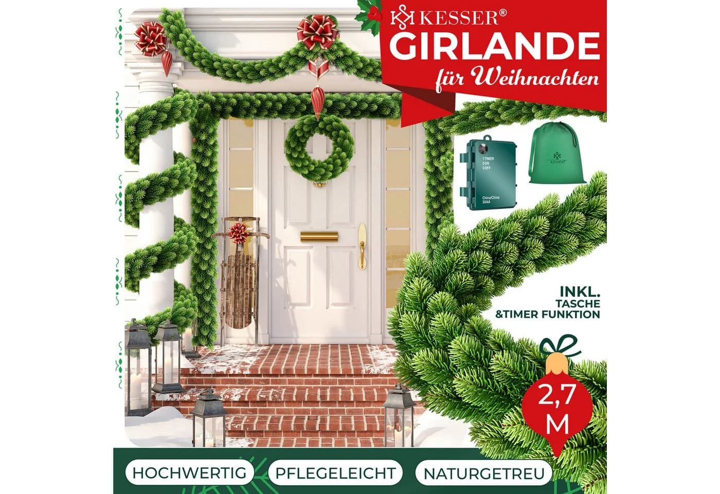 KESSER Kunstgirlande Weihnachtsgirlande 2,7m Naturgetreue Girlande