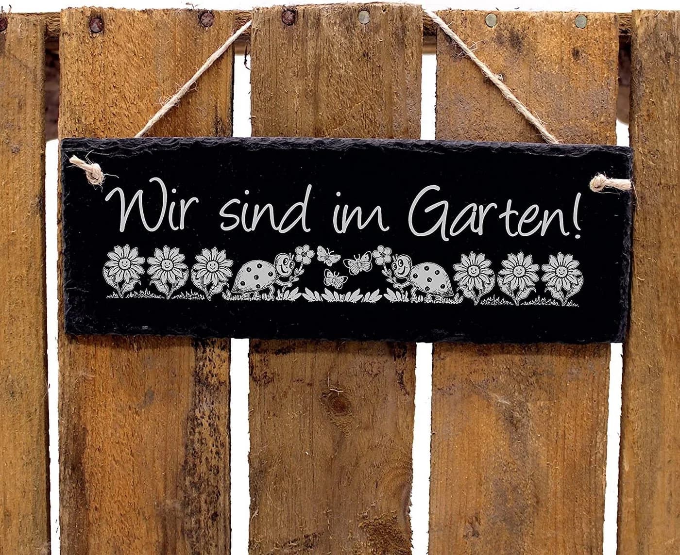 Dekolando Schiefer Hängedekoration „Wir sind im Garten“ Grau