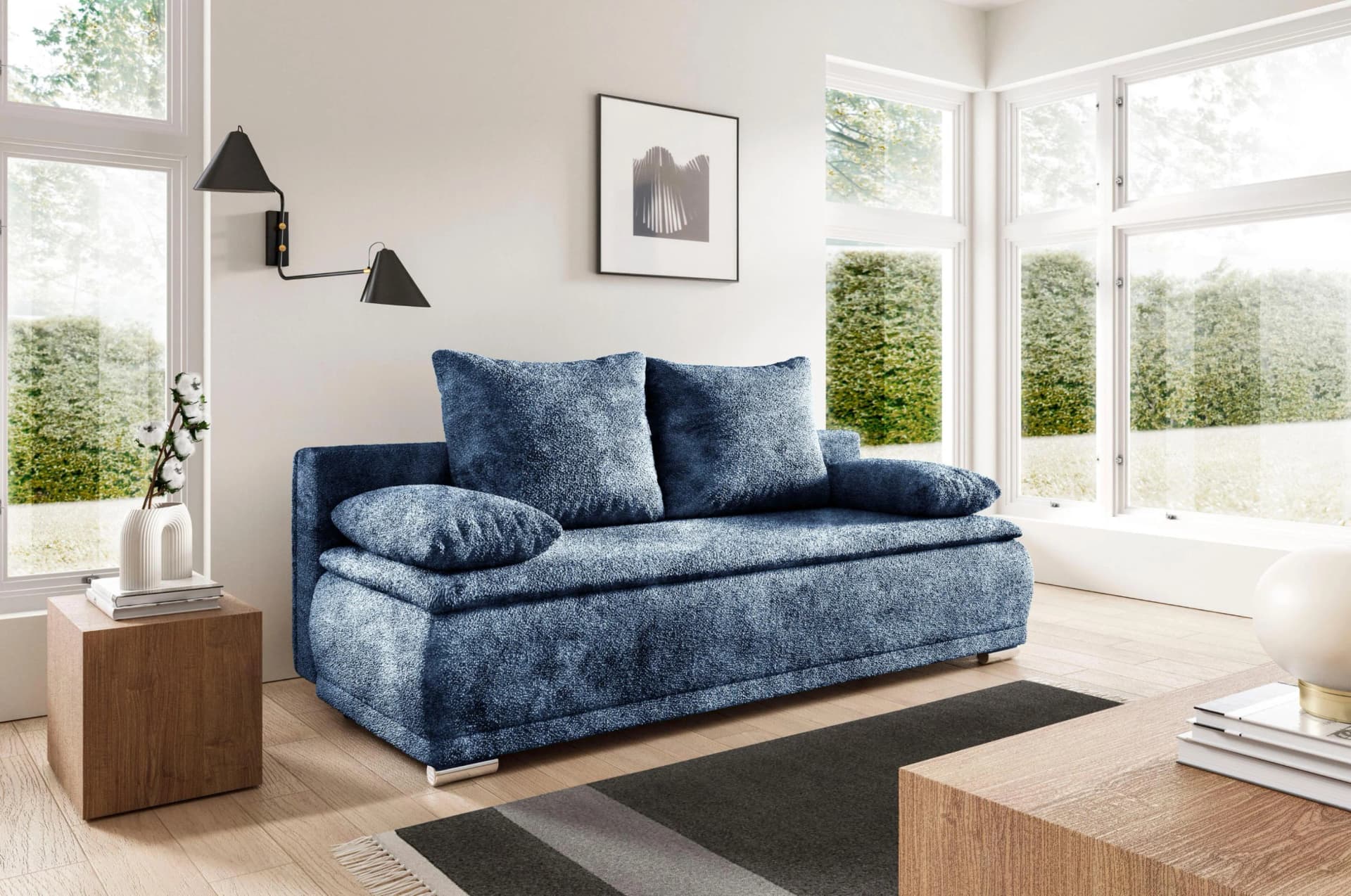 WERK2 Schlafsofa Biggi mit Bettkasten und Schlaffunktion in Nachtblau