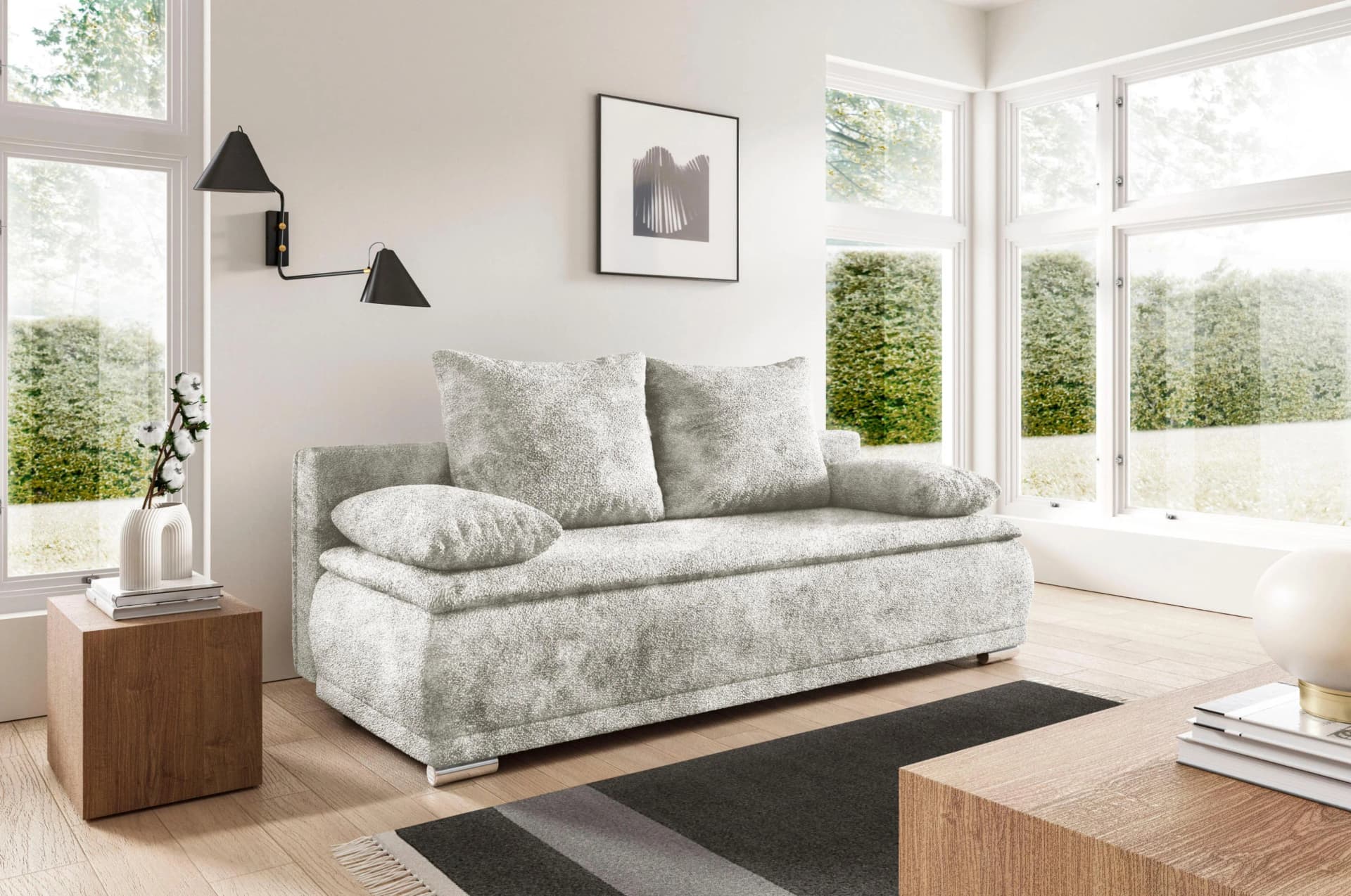 Schlafsofa WERK2 Biggi Silber 2-Sitzer mit Bettkasten und Schlaffunktion