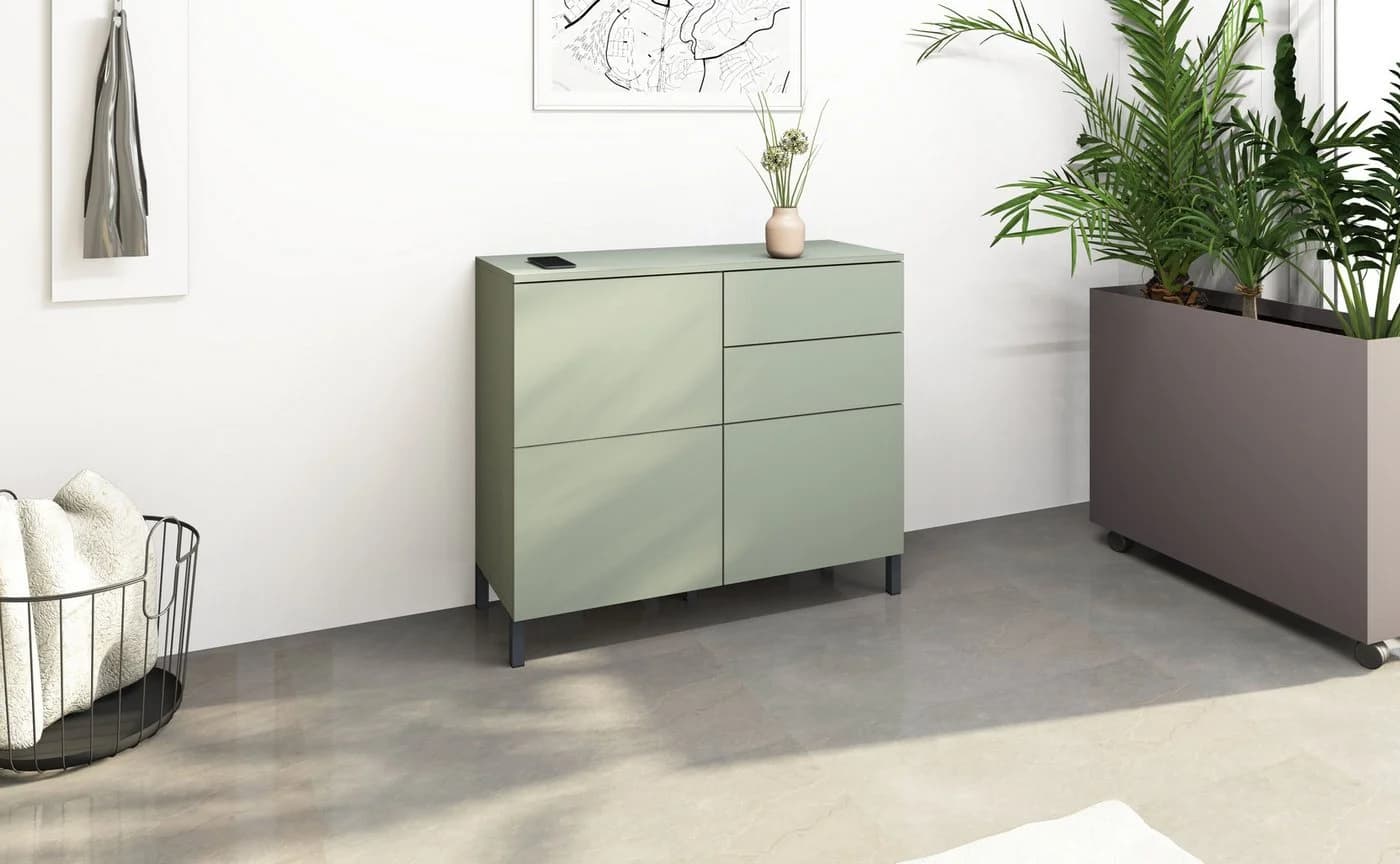 Kommode Haama borchardt Möbel Grifflos Metallfüße Salbeigrün
