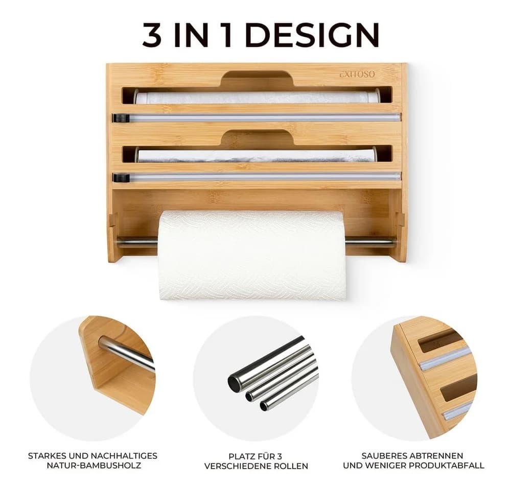 Exitoso Küchenrollenhalter Bambus 3-in-1 ohne Bohren