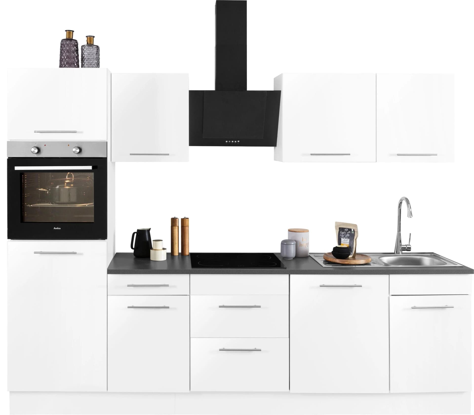 Wiho Küchen Ela Küchenzeile Weiß Glanz Granit Grau 280 cm
