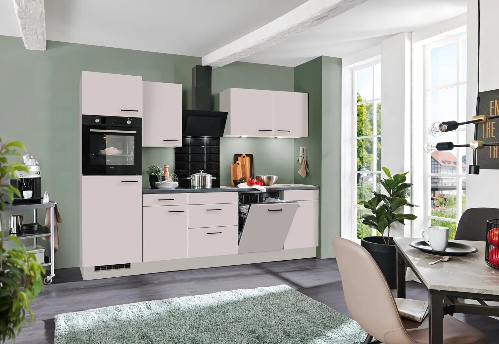 WIHO KÜCHEN Nisos Komplettküche Beige Grau Schwarz mit Elektrogeräten