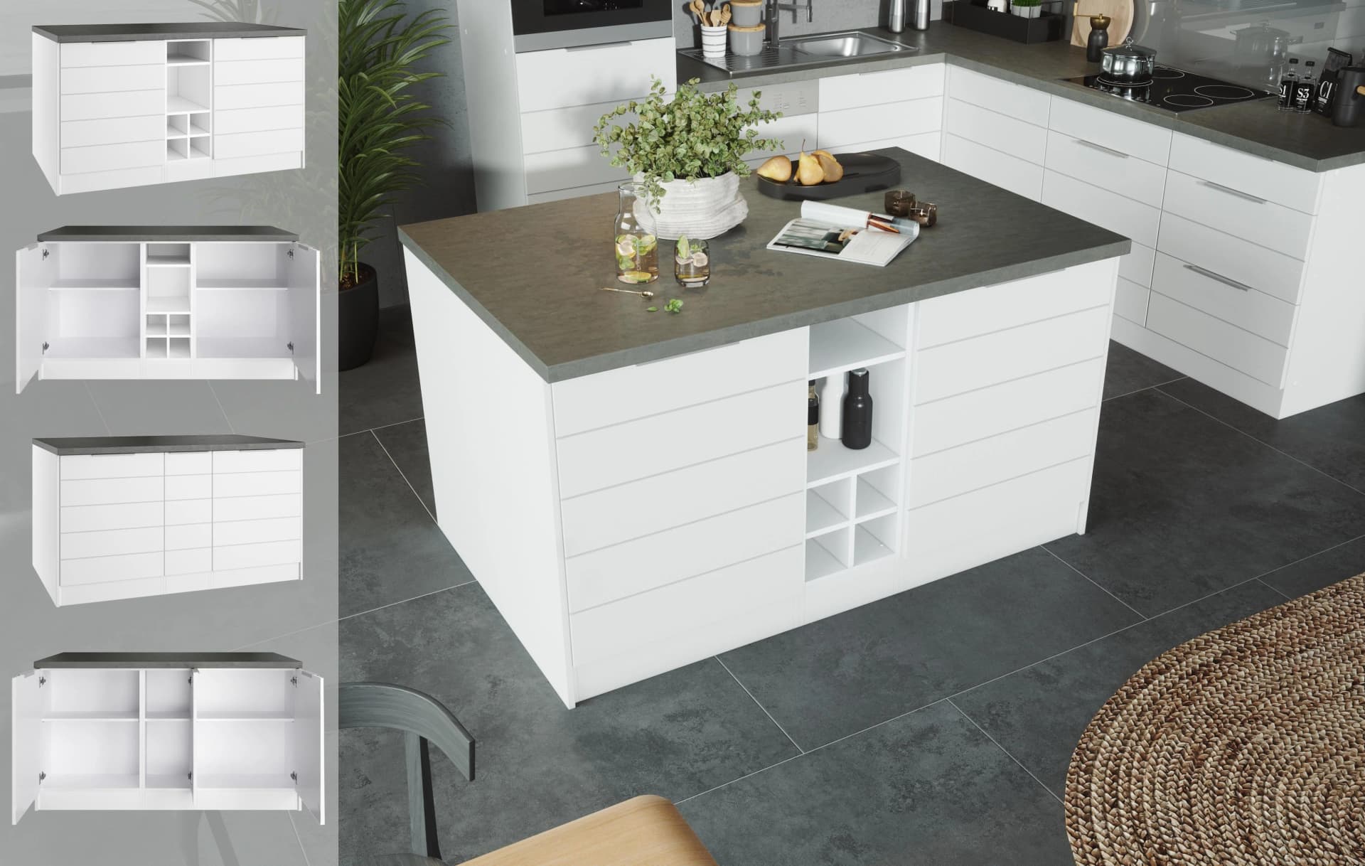 Kücheninsel Kochstation KS-Luhe 153 cm mit Flaschenregal Weiß