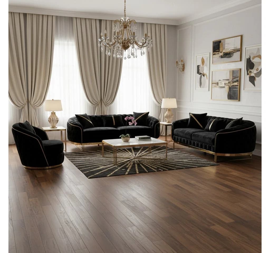 Palms-Store Sofa Set MIRA mit Knopfheftung 3-Sitzer + 3-Sitzer + Sessel